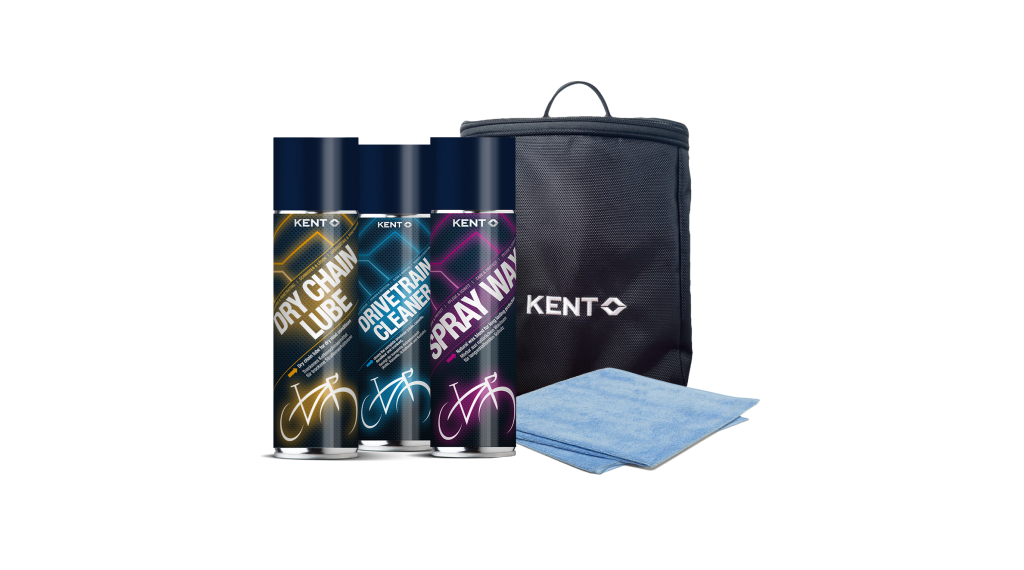KENT Carepack 1 z suchym smarem do łańcucha, ściereczką z mikrofibry, środkiem do czyszczenia układu napędowego, woskiem w sprayu i torbą KENT