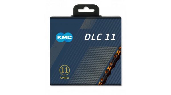 Cadena KMC DLC11 de 11 velocidades, 118 eslabones, color negro/naranja.