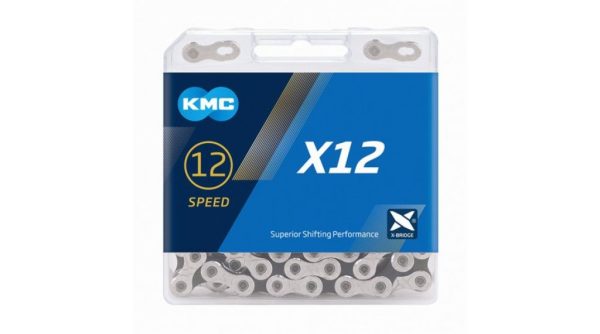 Cadena KMC X12 de 12 velocidades, 126 eslabones, color plata/negro.