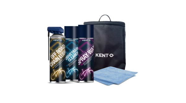 Kit de cuidado KENT 3 con lubricante para cadenas todoterreno, paño de microfibra, limpiador de transmisión, cera en spray y bolsa KENT.