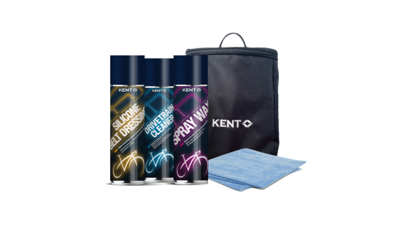 Zestaw KENT Carepack 4 z silikonowym środkiem do czyszczenia pasów, ściereczką z mikrofibry, środkiem do czyszczenia układu napędowego, woskiem w sprayu i torbą KENT