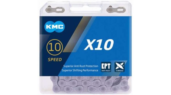 Catena KMC X10 a 10 velocità, 114 maglie, EPT argento.